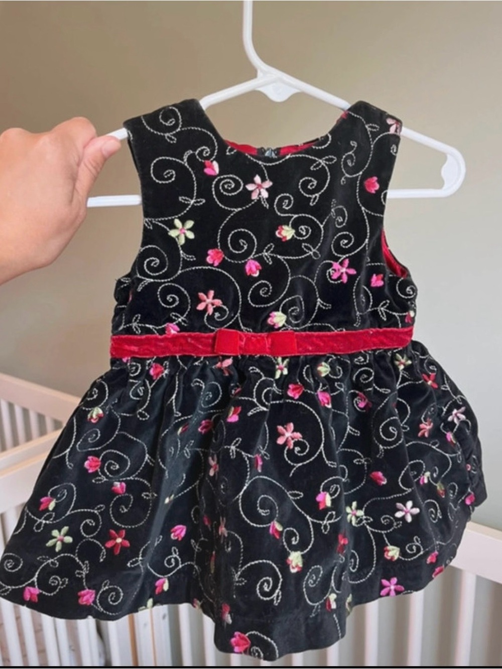 The Children’s Place 3-6M Black Velvet Floral Embroidered Dress with Red Bow